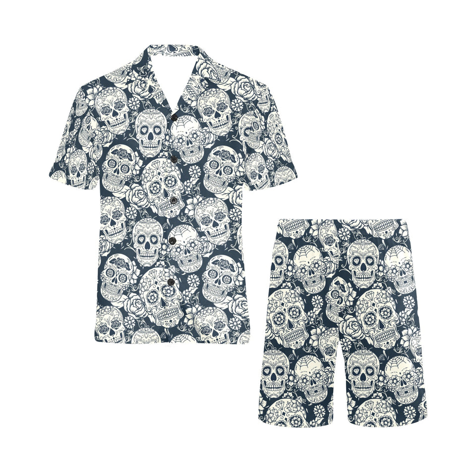 Sugar skull black white pattern Men's V-Neck Short Pajama Set
