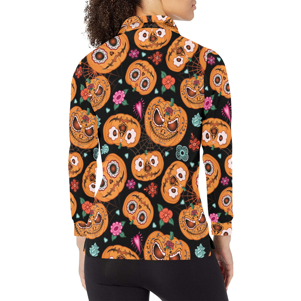 Pumpkin flowers spiderweb Halloween theme Women's Long Sleeve Polo Shirt