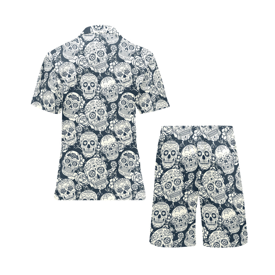 Sugar skull black white pattern Men's V-Neck Short Pajama Set