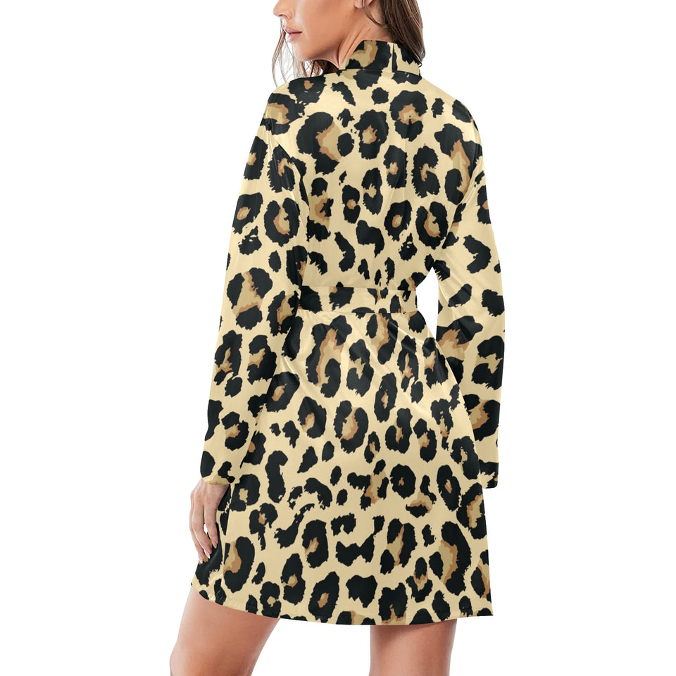 Leopard print design pattern Women's Long Sleeve Belted Night Robe