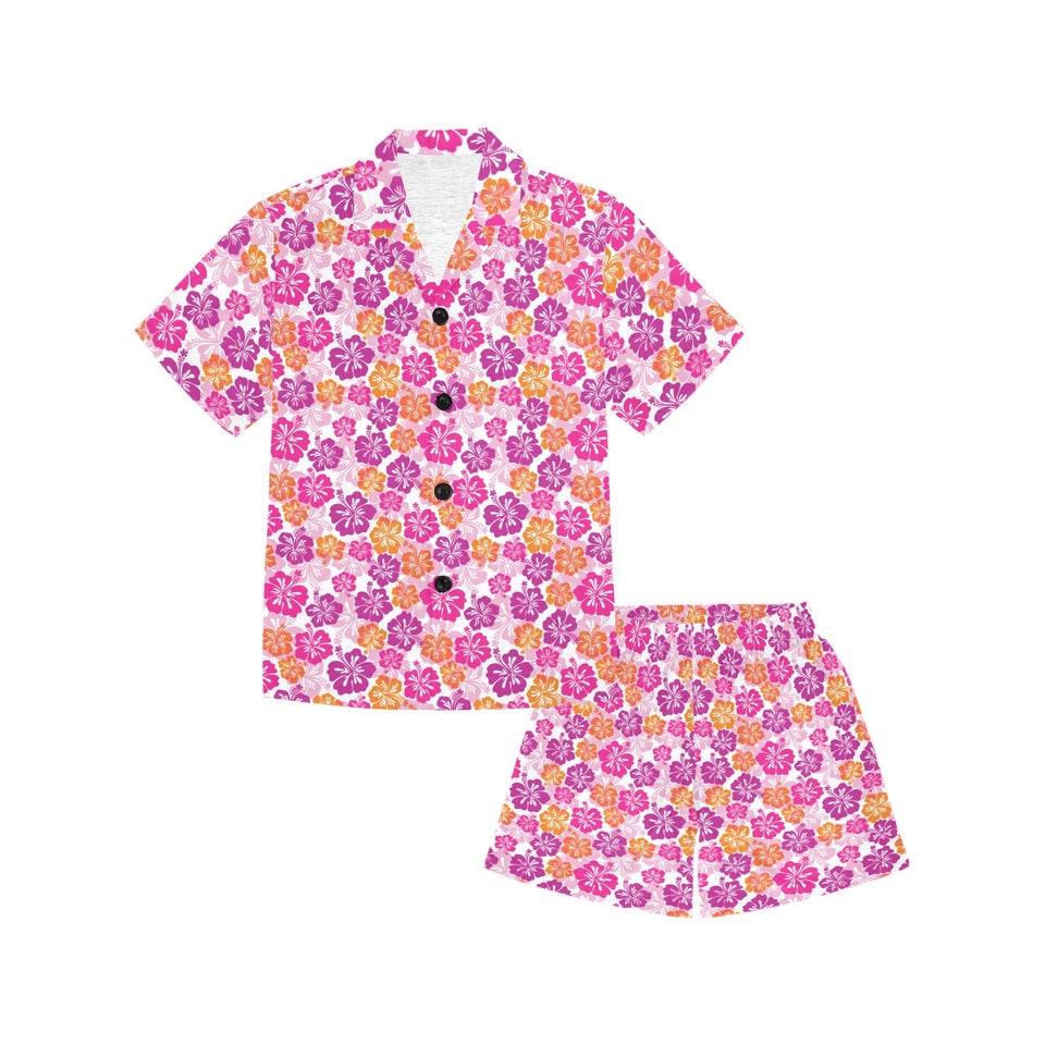 Hibiscus Pattern Print Design 01 Kids' Boys' Girls' V-Neck Short Pajama Set