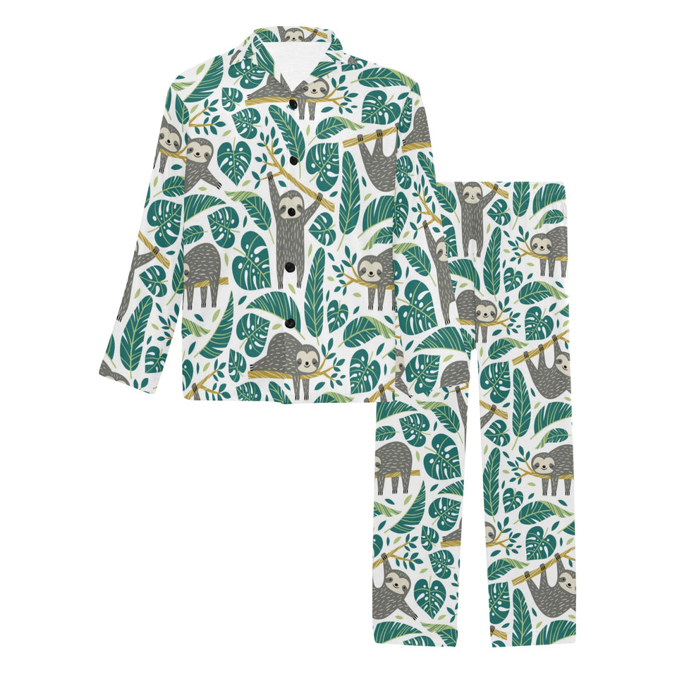 Cute sloths tropical palm leaves white background Men's Long Pajama Set