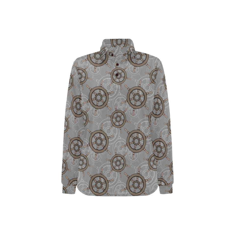 nautical wood steering wheel pattern Women's Long Sleeve Polo Shirt