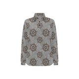 nautical wood steering wheel pattern Women's Long Sleeve Polo Shirt