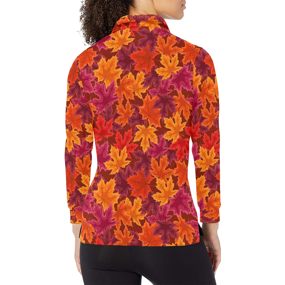 Autumn maple leaf pattern Women's Long Sleeve Polo Shirt