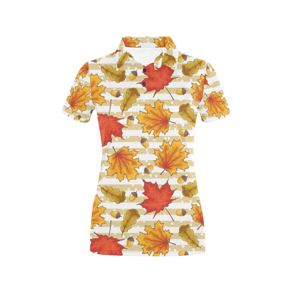 Maple leaf oak leaf acorns beige striped backgroun Women's All Over Print Polo Shirt
