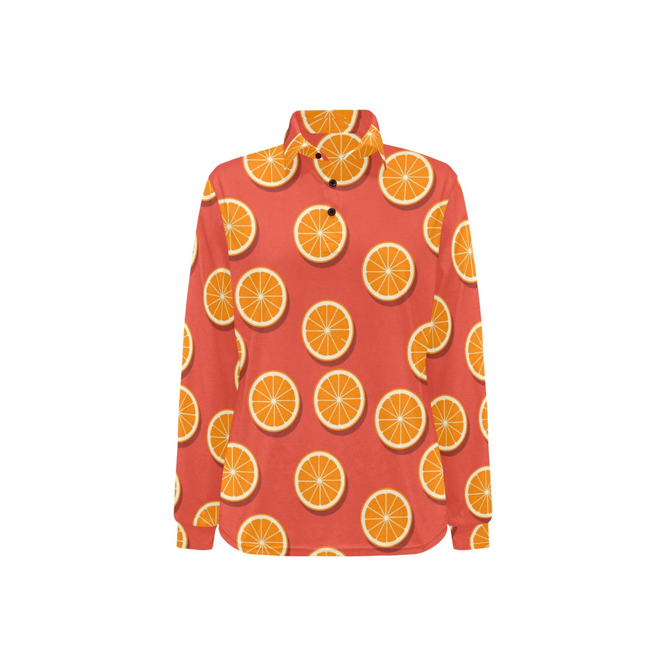 Oranges pattern red background Women's Long Sleeve Polo Shirt
