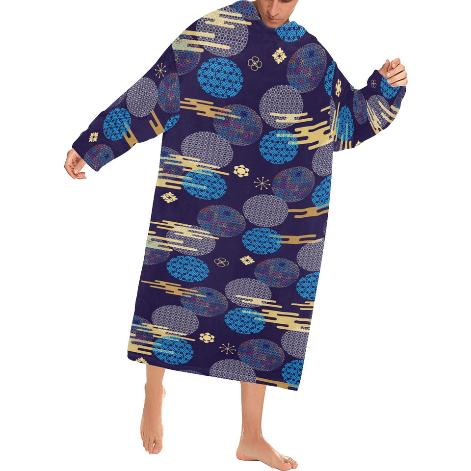 Blue japanese pattern cloud wave flower Blanket Robe with Sleeves