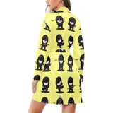 Cute ninja yellow background Women's Long Sleeve Belted Night Robe