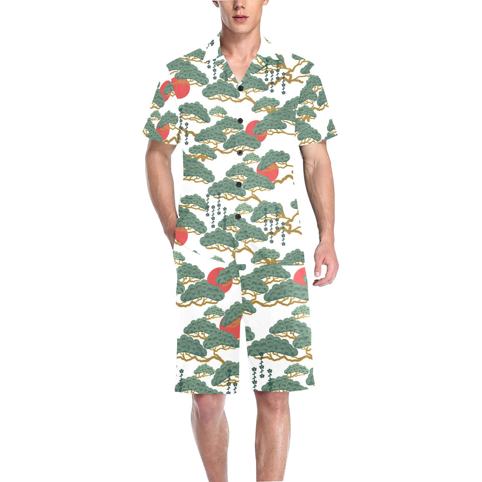 Bonsai red sun japanese pattern Men's V-Neck Short Pajama Set