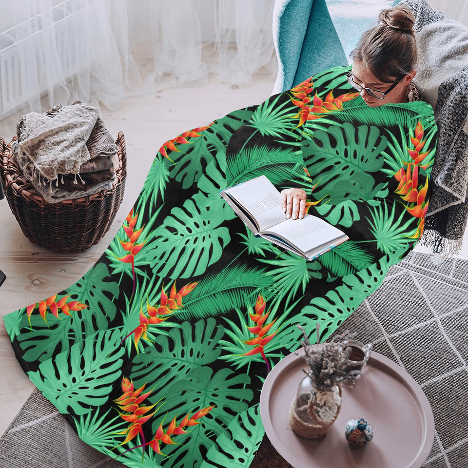 heliconia flower palm monstera leaves black backgr Blanket Robe with Sleeves