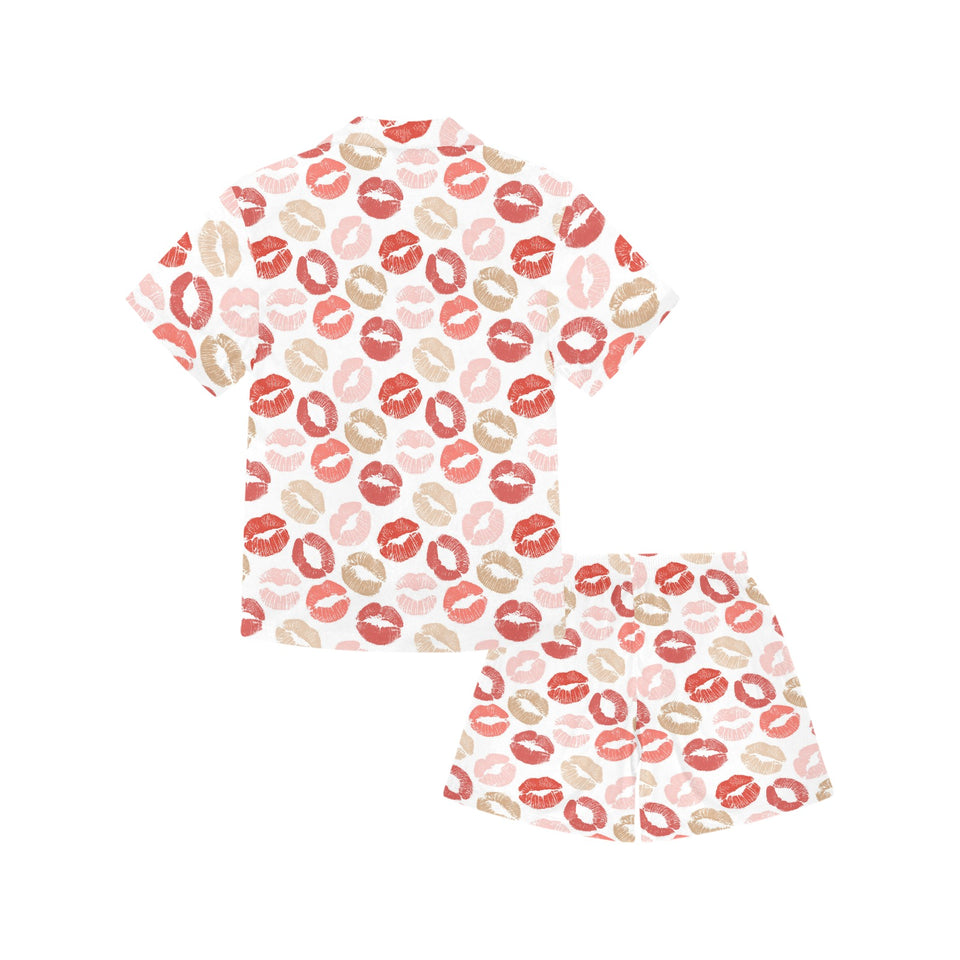 Lips Pattern Print Design 04 Kids' Boys' Girls' V-Neck Short Pajama Set
