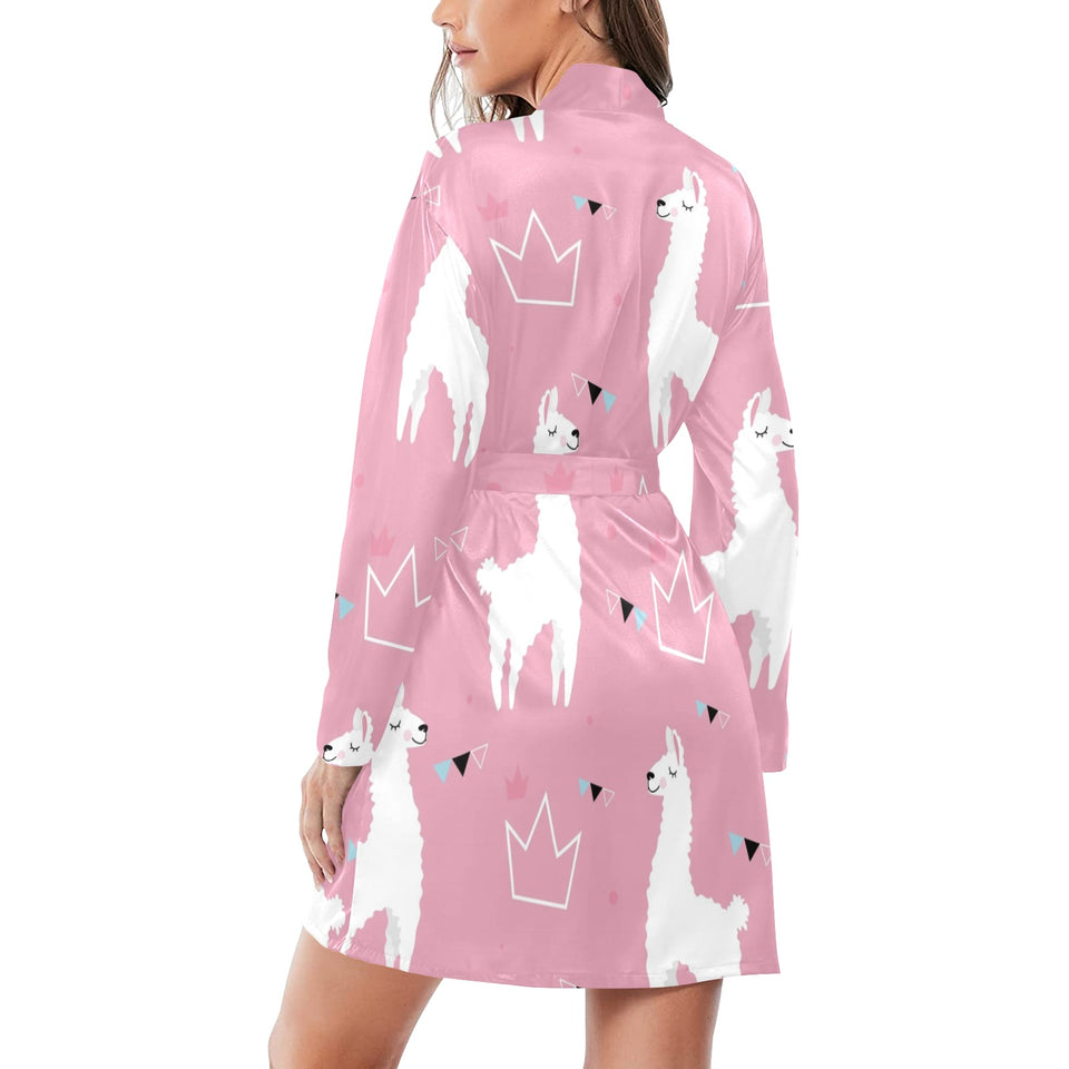 Llama Alpaca pink background Women's Long Sleeve Belted Night Robe