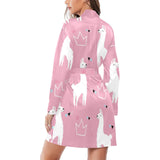 Llama Alpaca pink background Women's Long Sleeve Belted Night Robe