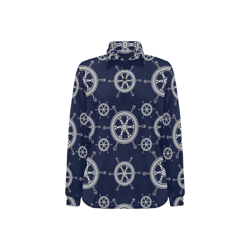 nautical steering wheel design pattern Women's Long Sleeve Polo Shirt