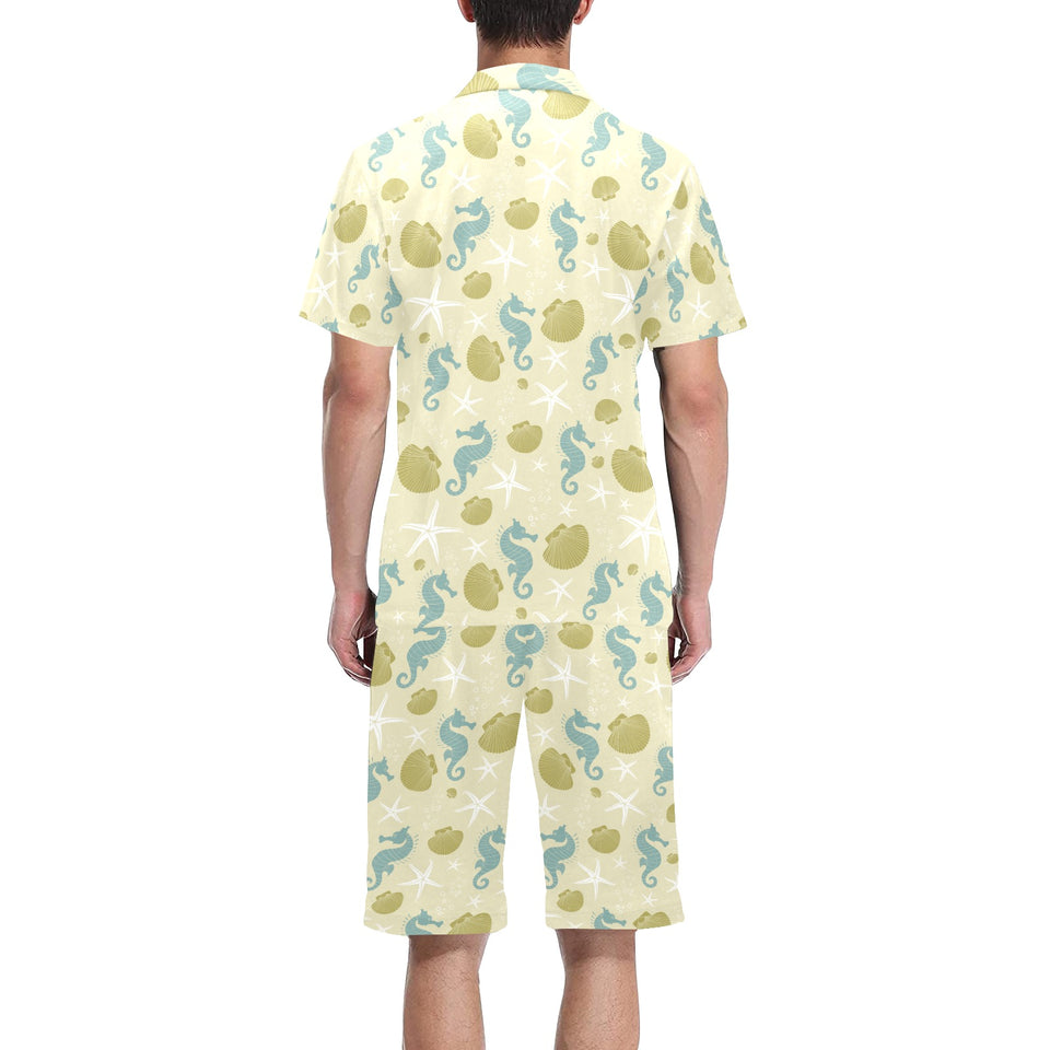 Seahorse shell starfish pattern background Men's V-Neck Short Pajama Set