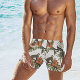 Monkey red hibiscus flower palm leaves floral patt Men's Swimming Trunks