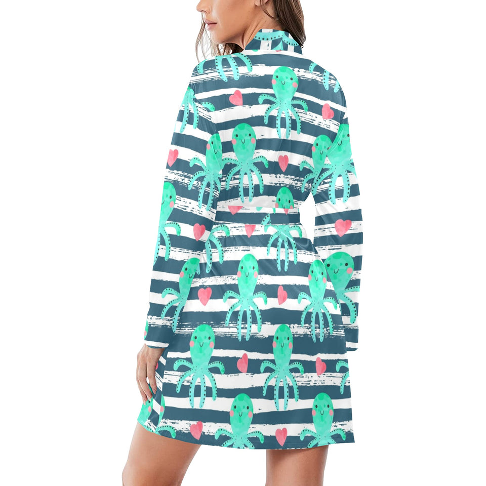 Cute octopuses heart striped background Women's Long Sleeve Belted Night Robe