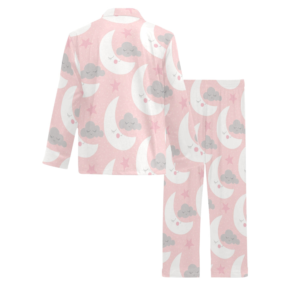 Cute moon cloud star pattern pink dot background Men's Long Pajama Set