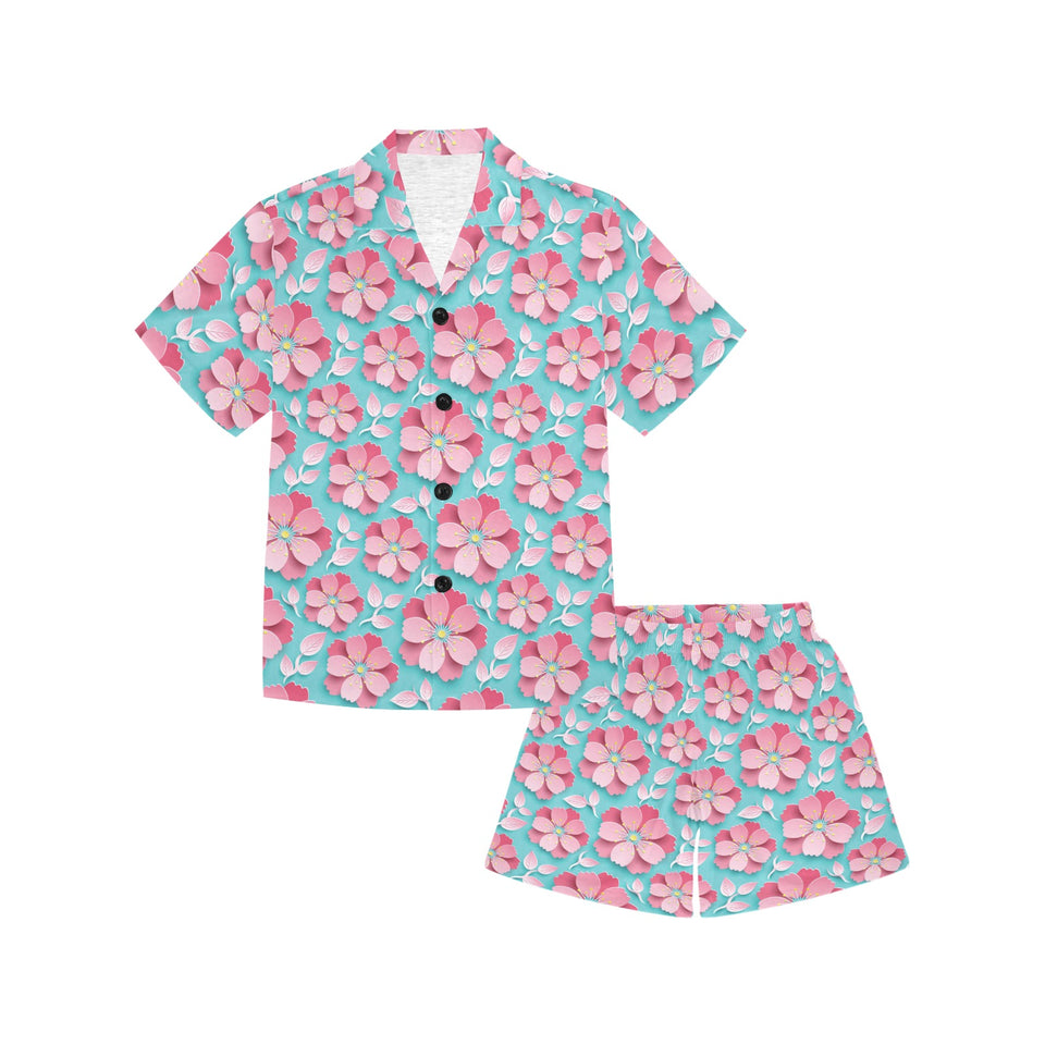 3D sakura cherry blossom pattern Kids' Boys' Girls' V-Neck Short Pajama Set