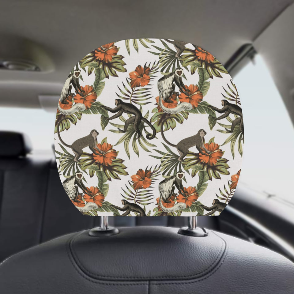 Monkey red hibiscus flower palm leaves floral patt Car Headrest Cover
