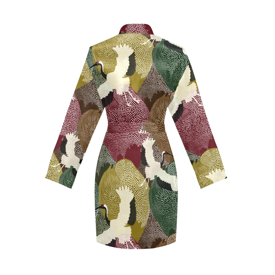 Japanese cranes flying forest dot pattern Women's Long Sleeve Belted Night Robe