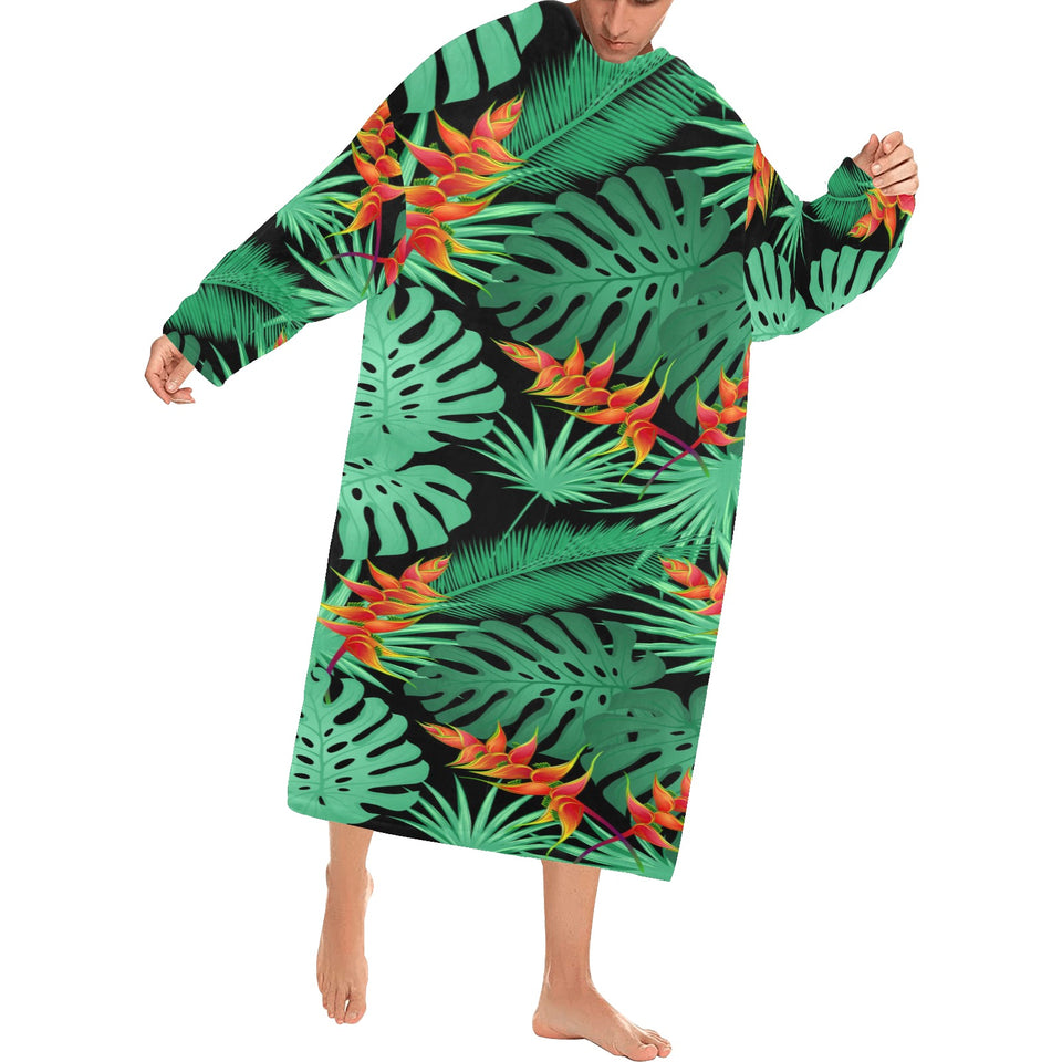 heliconia flower palm monstera leaves black backgr Blanket Robe with Sleeves