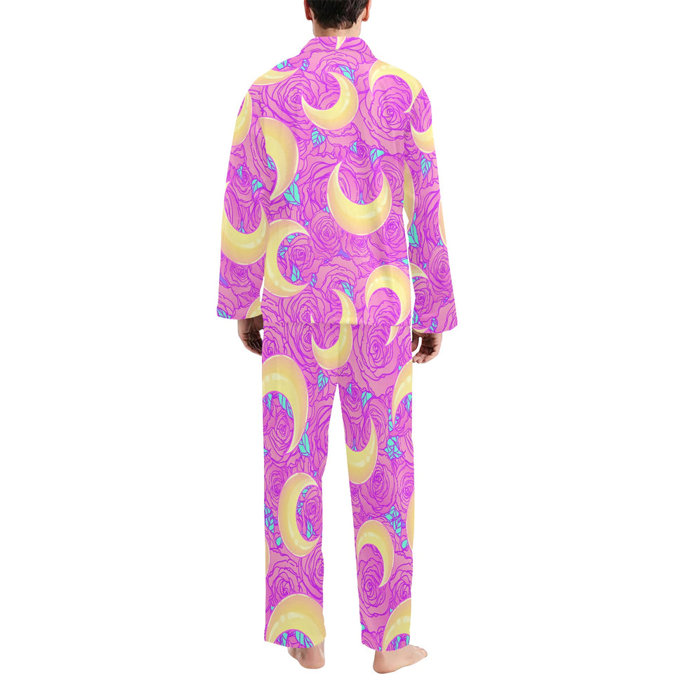 Moon pink rose background Men's Long Pajama Set