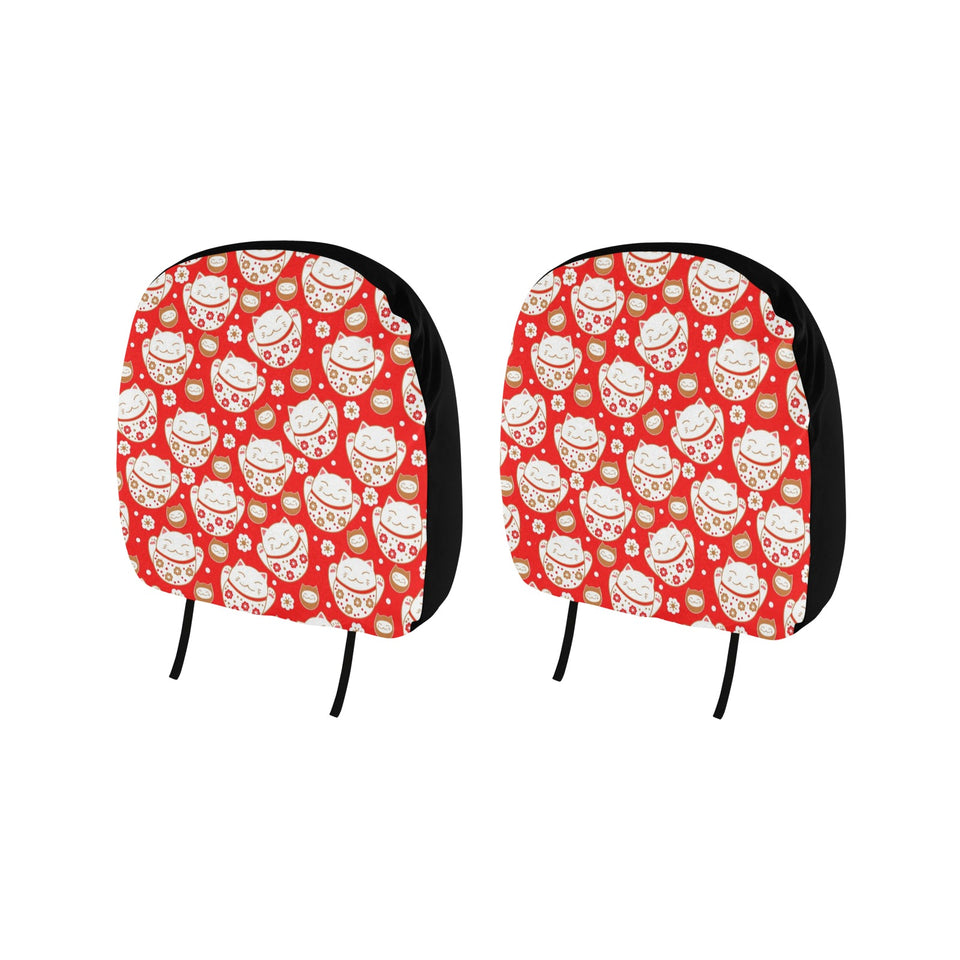 Cute Maneki neko cat red background Car Headrest Cover