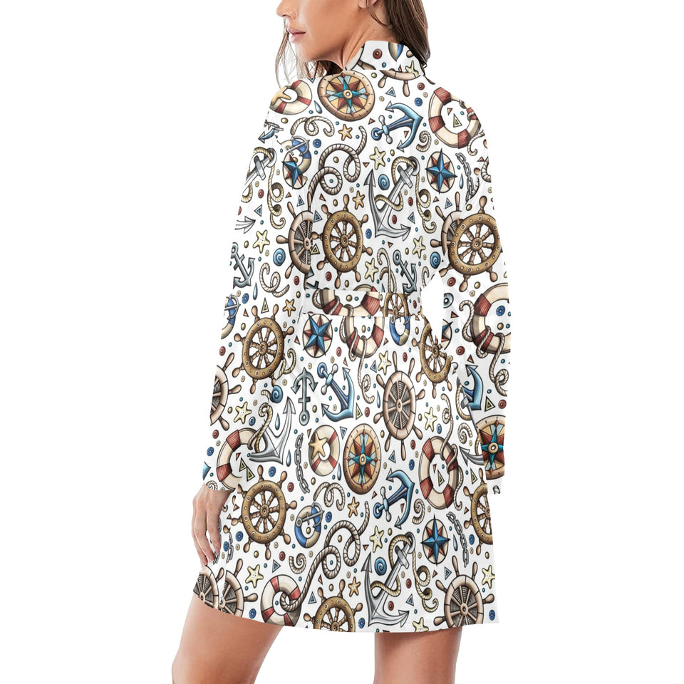Cute nautical steering wheel anchor pattern Women's Long Sleeve Belted Night Robe