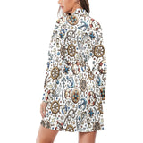 Cute nautical steering wheel anchor pattern Women's Long Sleeve Belted Night Robe