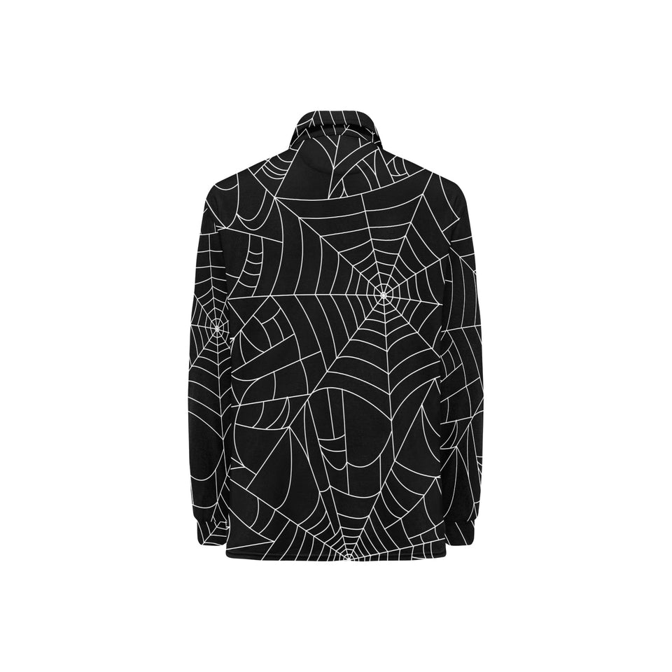 Spider web pattern Black background white cobweb Women's Long Sleeve Polo Shirt