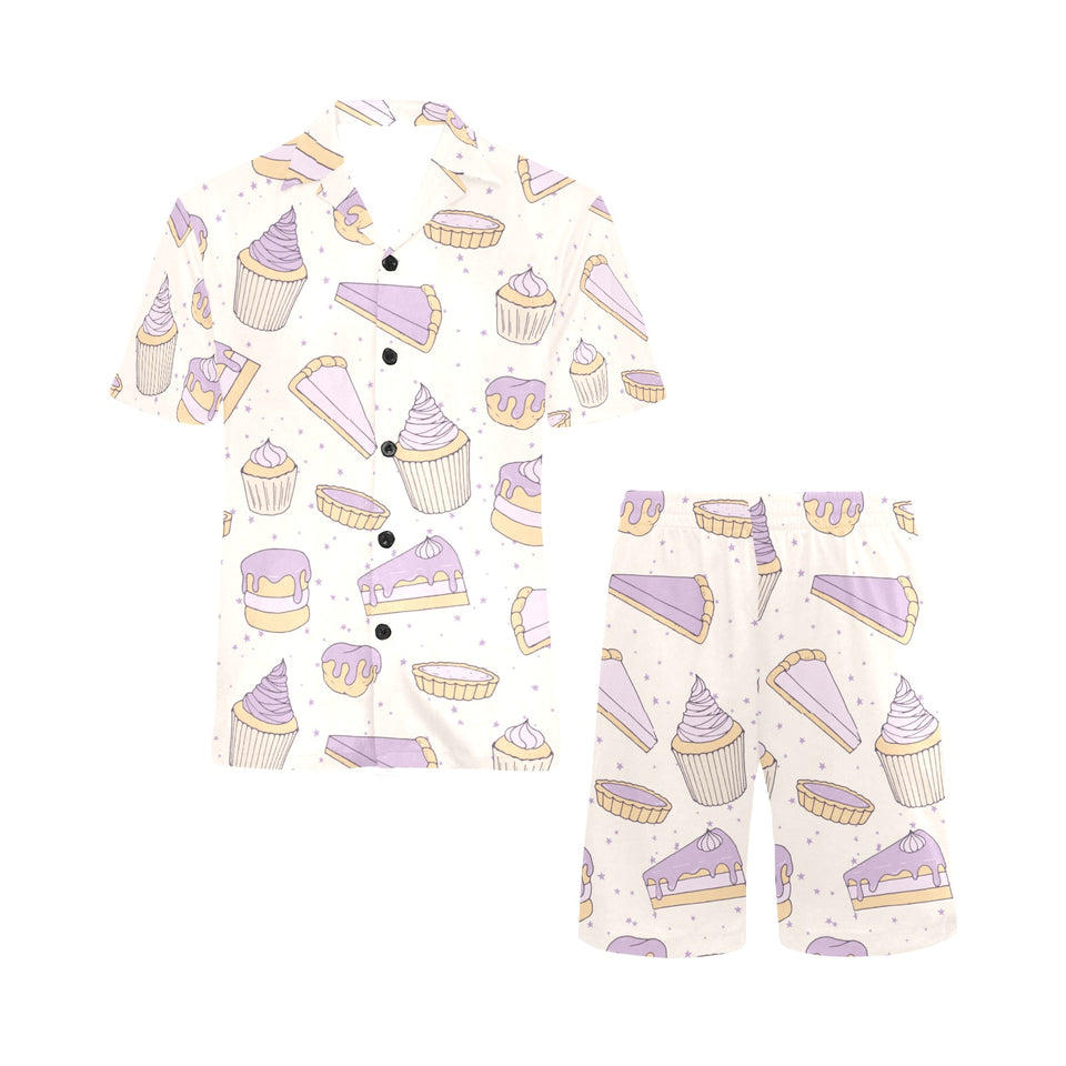 Cakes pies tarts muffins and eclairs purple bluebe Men's V-Neck Short Pajama Set