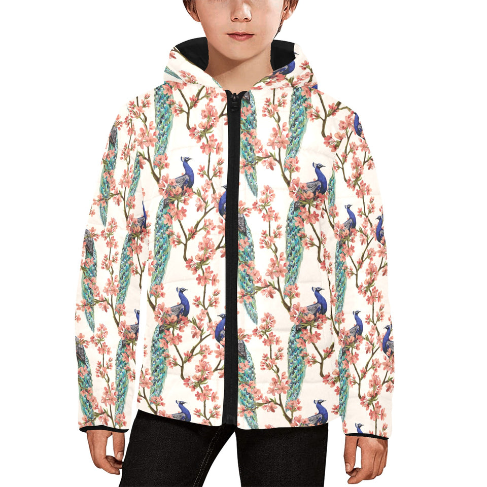 Peacock tropical flower pattern Kids' Boys' Girls' Padded Hooded Jacket