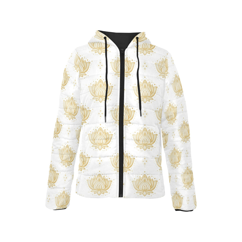 Gold Ornamental lotue waterlily symbol pattern Women's Padded Hooded Jacket