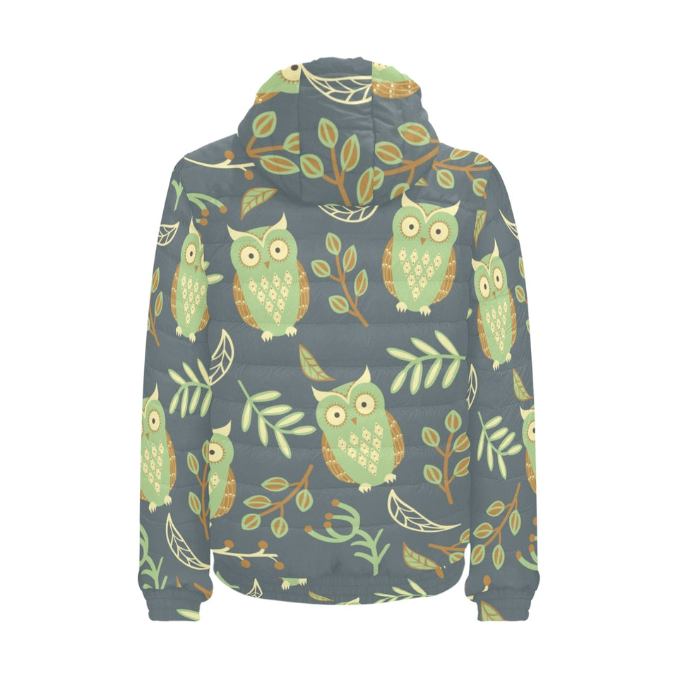 Cute owls leaves pattern Men's Padded Hooded Jacket