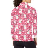 Maneki neko cat sakura pink background Women's Long Sleeve Polo Shirt
