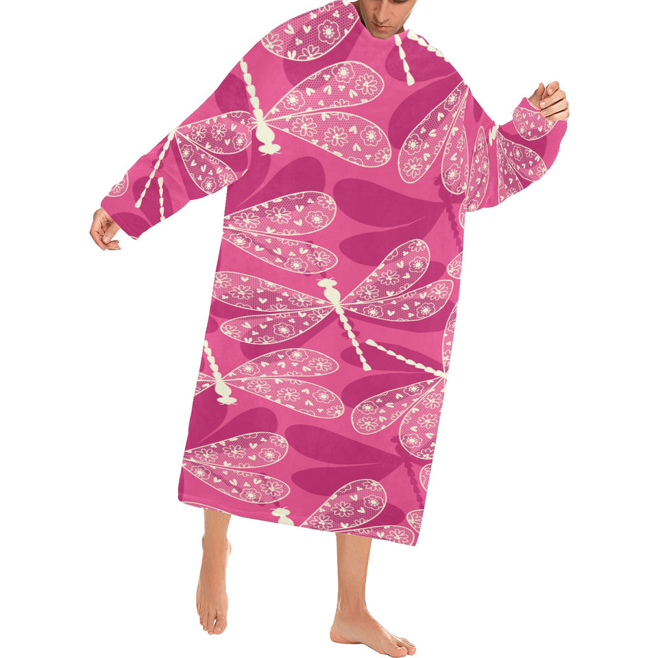 Beautiful dragonfly pink background Blanket Robe with Sleeves
