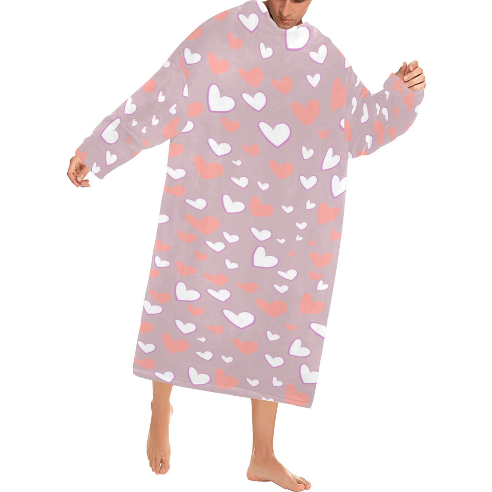 coral white heart pattern Blanket Robe with Sleeves