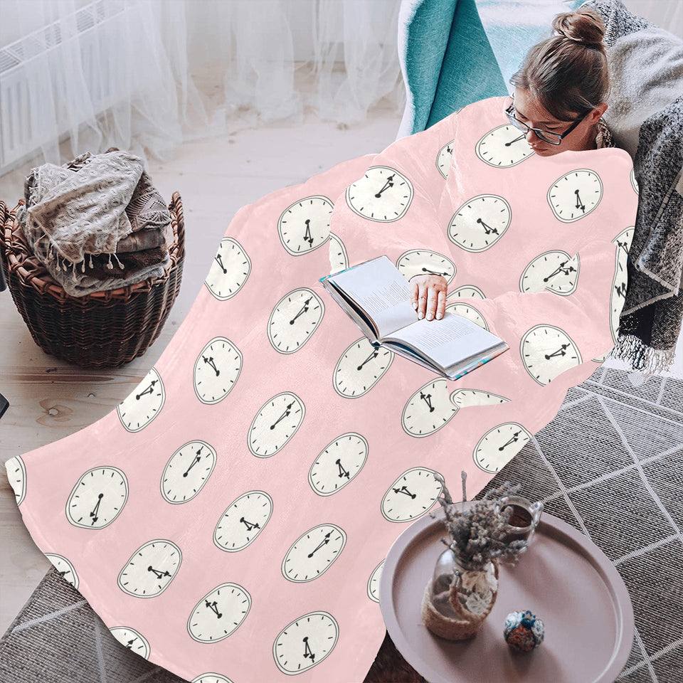 Clock pattern pink blackground Blanket Robe with Sleeves