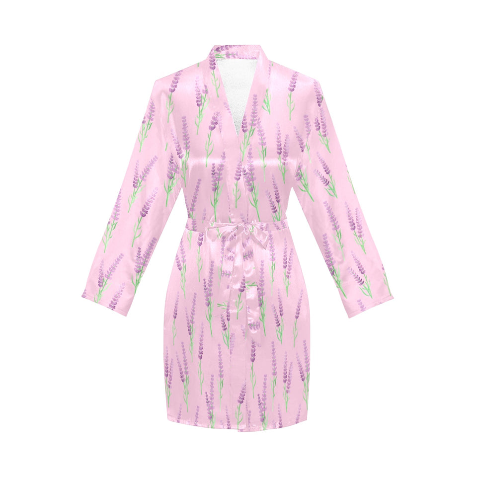 Lavender pattern pink background Women's Long Sleeve Belted Night Robe