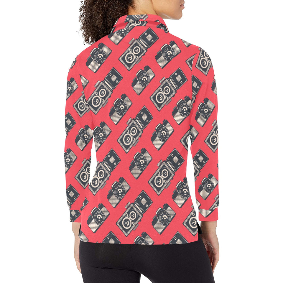 Camera Pattern Print Design 05 Women's Long Sleeve Polo Shirt