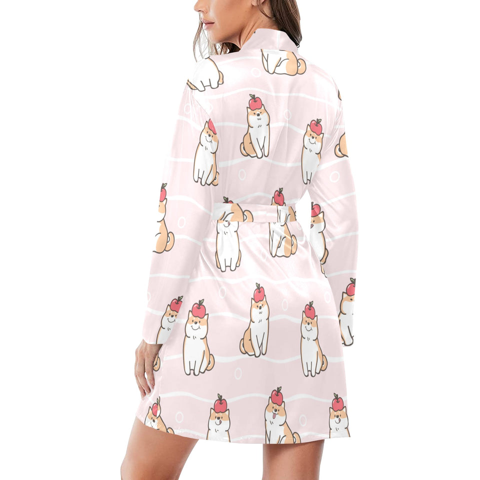 Cute Shiba Inu Dog Apple pattern Women's Long Sleeve Belted Night Robe