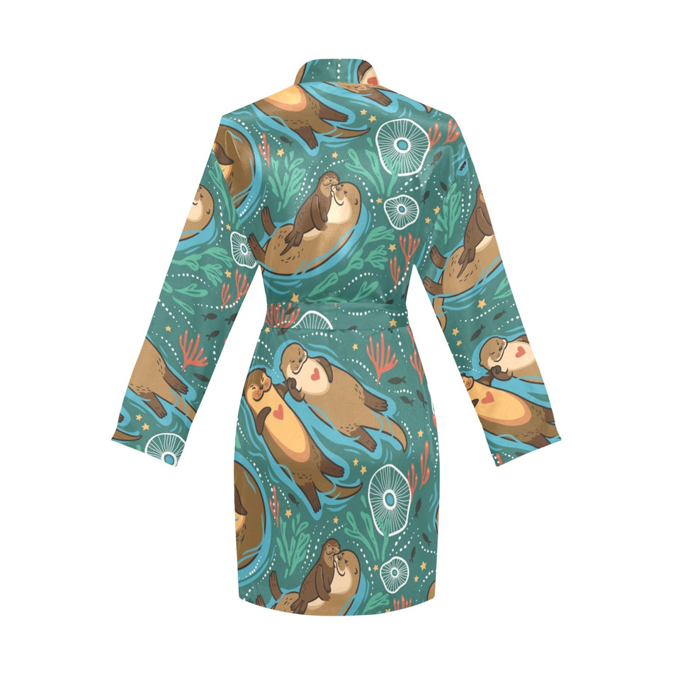cute brown sea otters ornamental seaweed corals gr Women's Long Sleeve Belted Night Robe