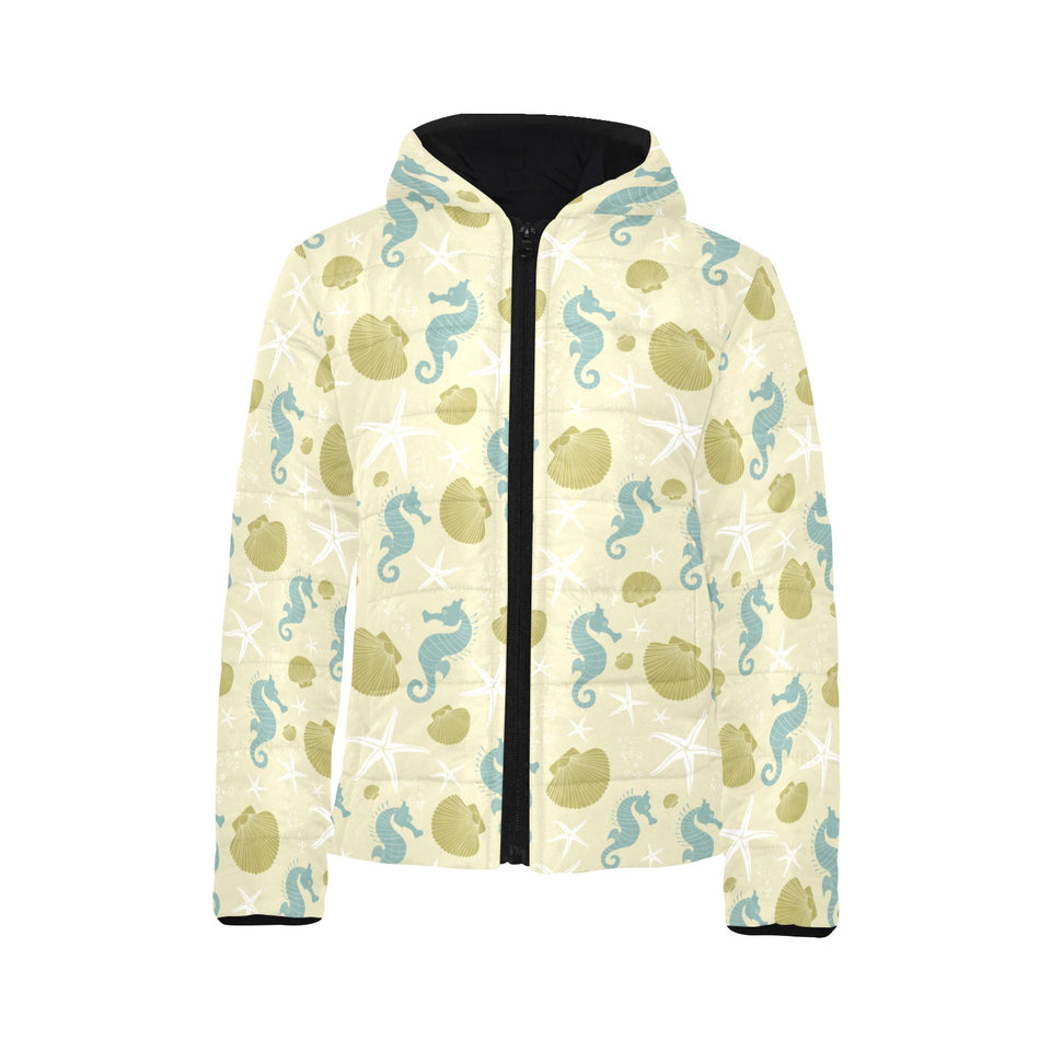 Seahorse shell starfish pattern background Kids' Boys' Girls' Padded Hooded Jacket