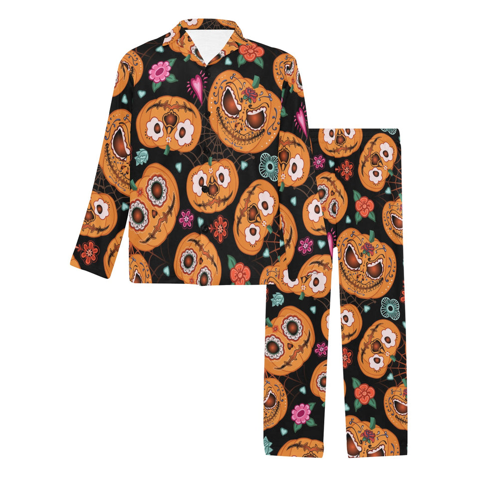 Pumpkin flowers spiderweb Halloween theme Men's Long Pajama Set