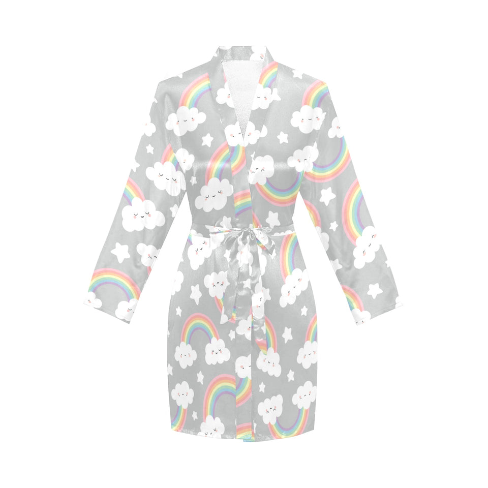 Cute rainbow clound star pattern Women's Long Sleeve Belted Night Robe