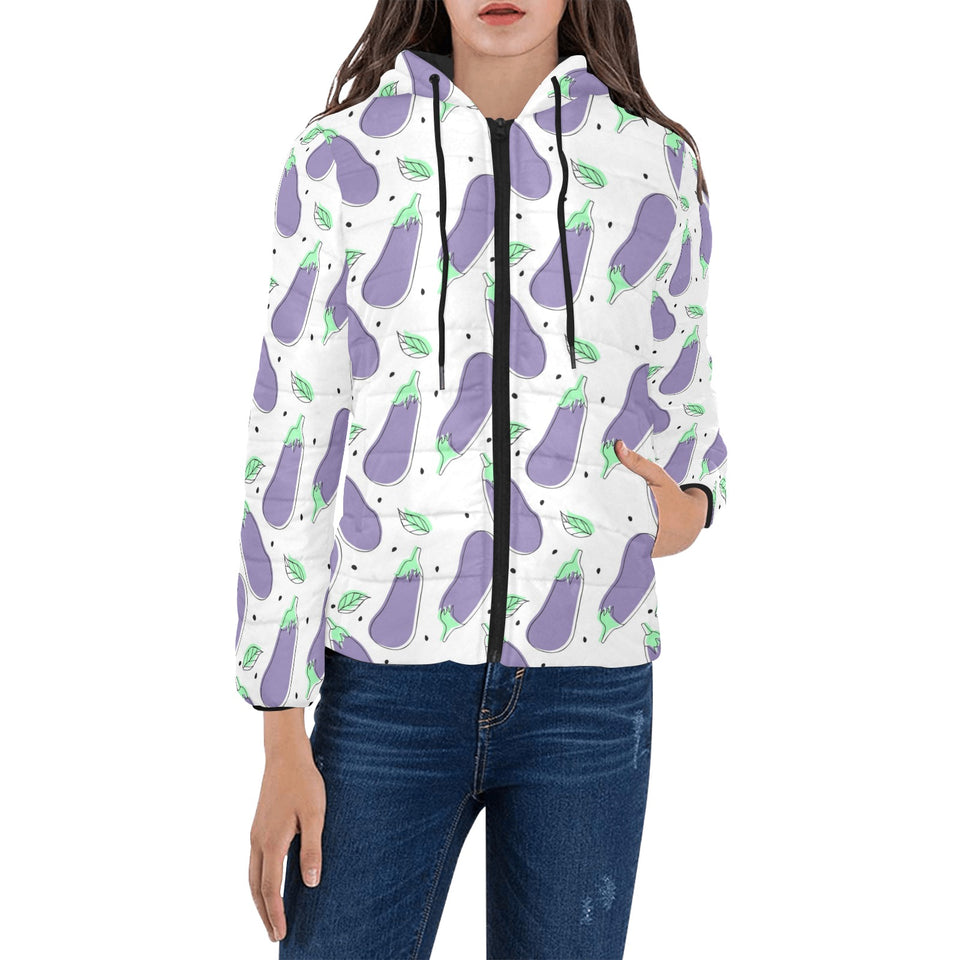 Eggplant Pattern Print Design 05 Women's Padded Hooded Jacket