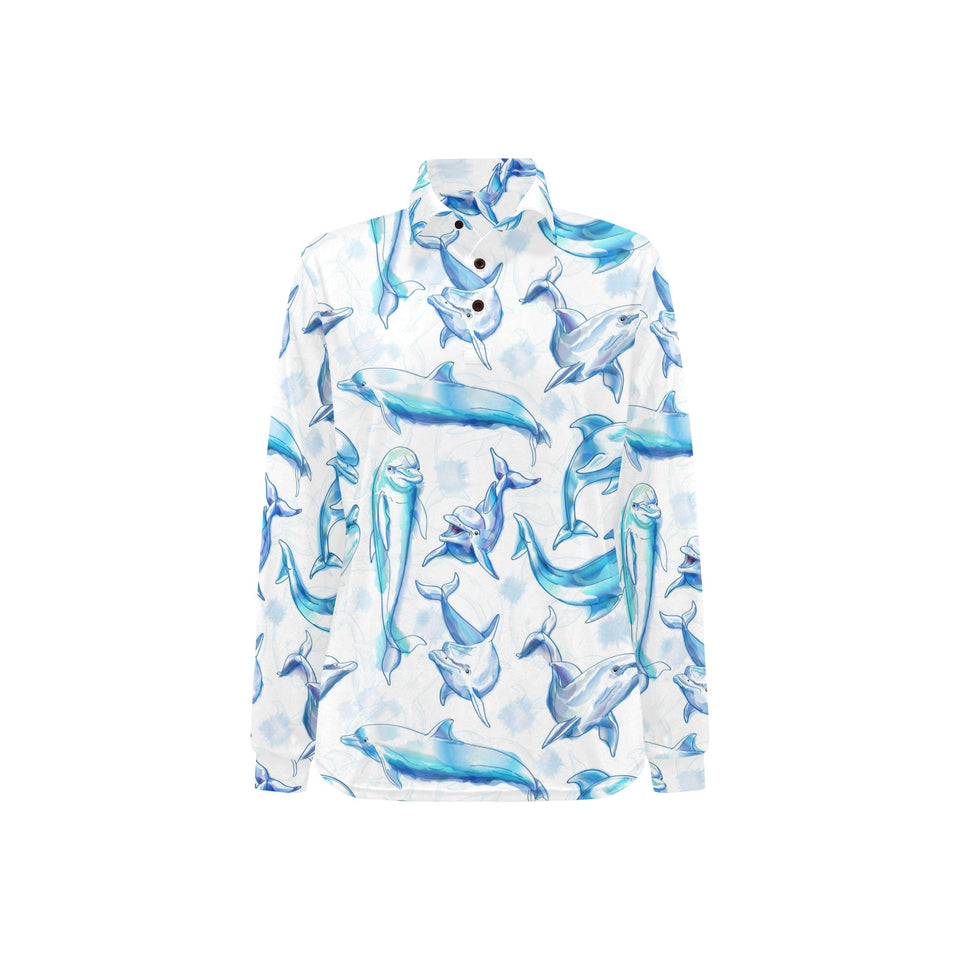 Watercolor dolphin pattern Women's Long Sleeve Polo Shirt