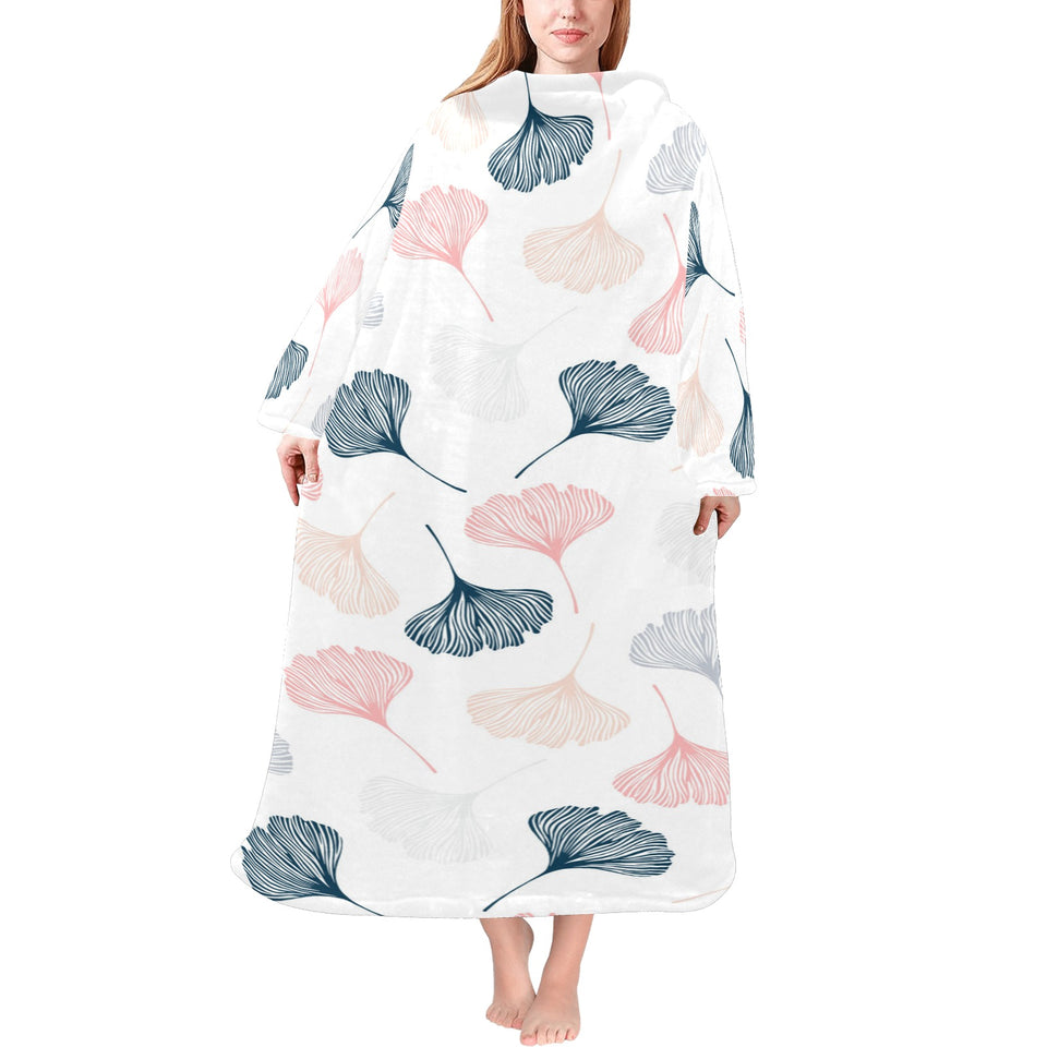 Black Gray Cream coral ginkgo leaves pattern Blanket Robe with Sleeves